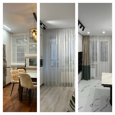 Оформление окна и двери на кухне с выходом на балкон.